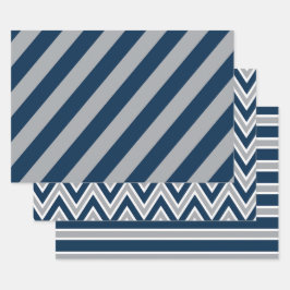 Classic Navy Blue and Gray Geometric Stripes Inpakpapier Vel