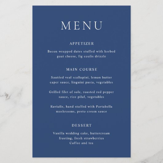 Classic Navy Blue Elegant Wedding Menu (Devant)