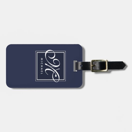 Classic Navy Blue en White Script Monogram Bagagelabel (Voorkant horizontaal)