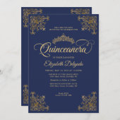 Classic Navy Blue Gold Lijst Tiara Quinceanera Kaart (Voorkant / Achterkant)