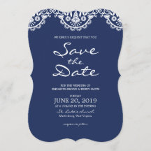 Classic Navy Blue Lace Save the Date Kaart