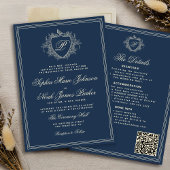 Classic navy blue QR code formal monogram wedding Kaart