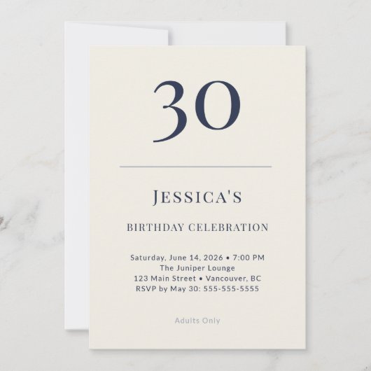 Classic Navy & Cream 30th Birthday Celebration Kaart (Voorkant)
