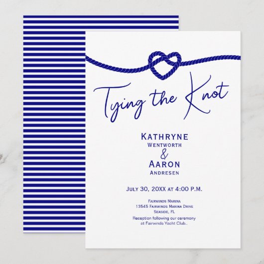 Classic Navy White Stripes Tying the Knot Wedding  Kaart (Voorkant / Achterkant)