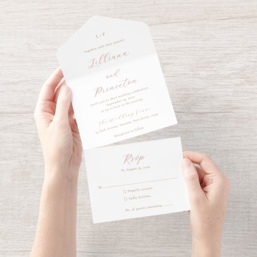 Classic Neutral Monogram Elegant Wedding All In One Uitnodiging (Uittrekbaar)