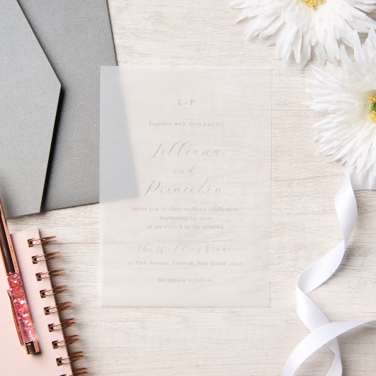 Classic Neutral Monogram Elegant Wedding Vellum Uitnodigingen (Huwelijk)
