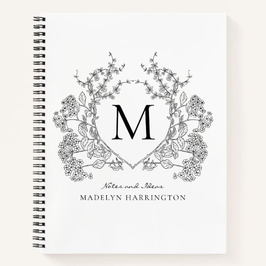 Classic noir blanc floral Crest Monogramme Journal (Devant)