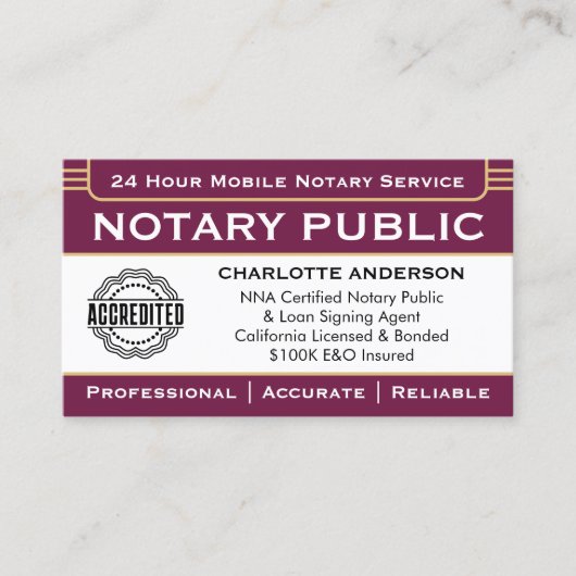 Classic Notaris Signing Agent ID Logo Plum Gold Visitekaartje (Voorkant)