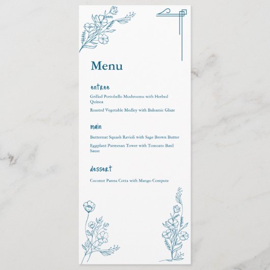 Classic Ocean Blue Floral Design Flat Menu (Voorkant)