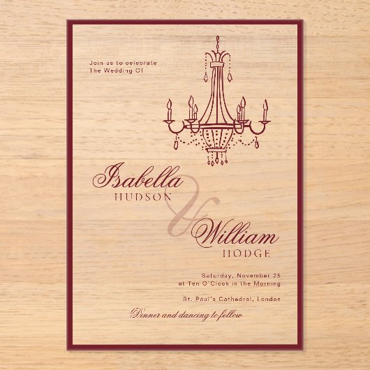 Classic Old Money Deep Red Retro Timeless Wedding Acryl Uitnodigingen (Voorkant)