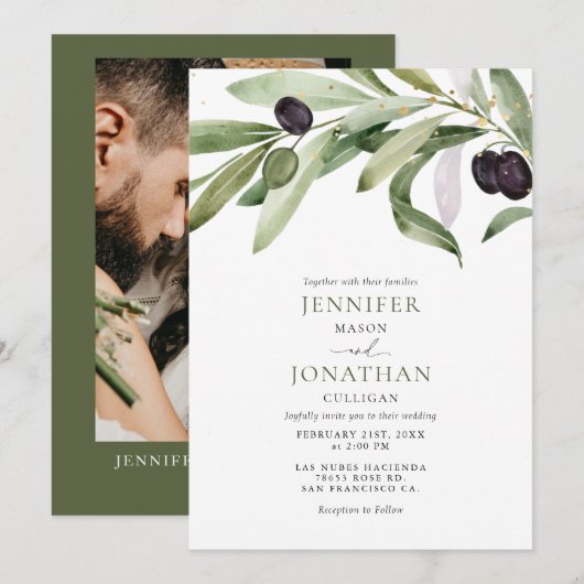 Classic Olive Branch Garden Wedding Invitation Kaart (Voorkant / Achterkant)
