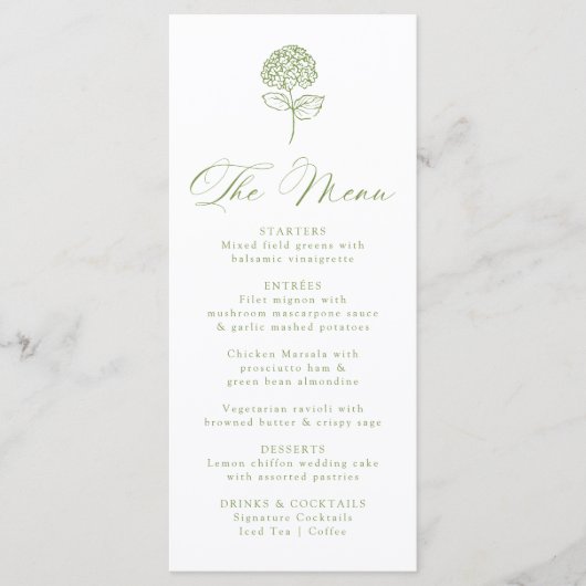 Classic Olive Green Hydrangea Wedding Menu (Voorkant)