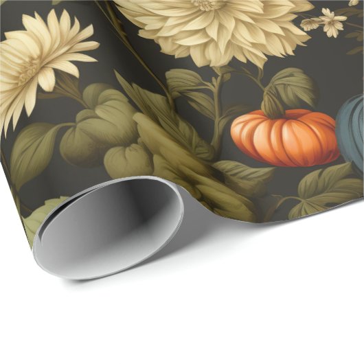 Classic Oogst Pompoen & Zwarte Bloemen Cadeaupapier (Rol Hoek)
