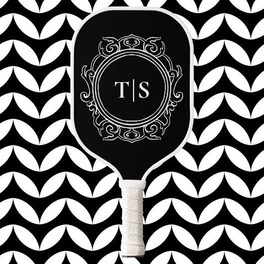 Classic Ornate Circle White Monogram Initial Pickleball Paddle