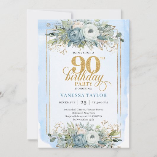 Classic pastel blue gold script 90th birthday kaart (Voorkant)