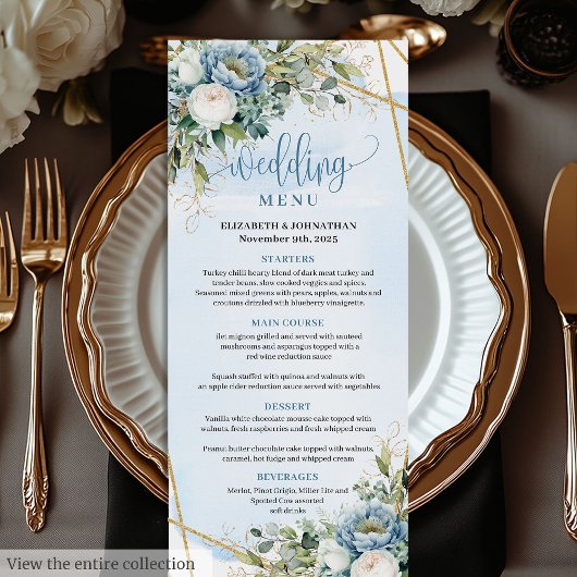 Classic Pastel Blue Peonies Gold Glitter Dinner  Menu