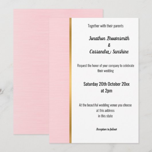 CLASSIC PASTEL PINK GOLD TRIM INVITATION KAART (Voorkant / Achterkant)