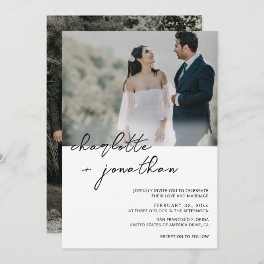 Classic Photo Calligraphy Script Wedding Kaart (Voorkant / Achterkant)