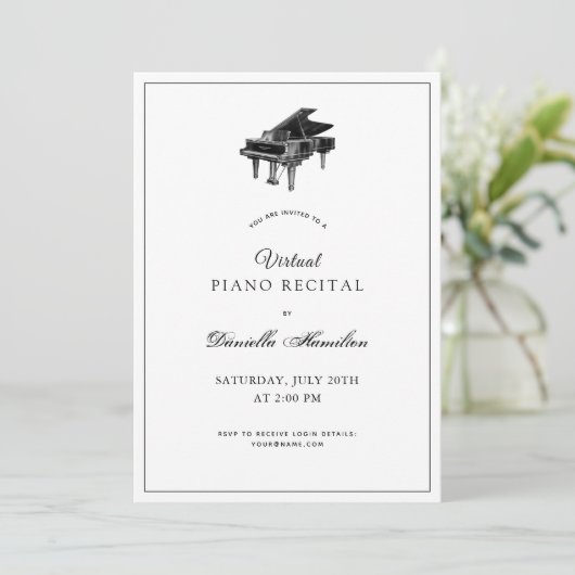 Classic Piano Wit Virtuele Overweging Uitnodiging (Staand voorkant)