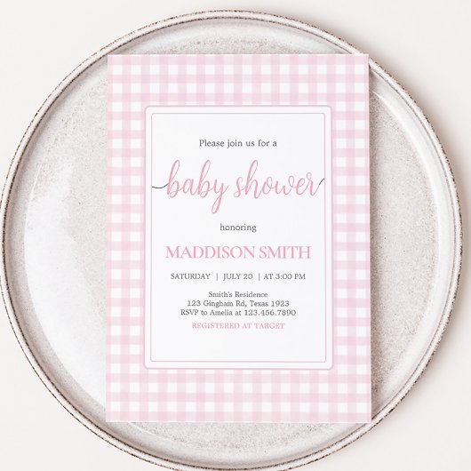 Classic Pink Gingham Baby shower Kaart