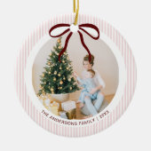 Classic Pink Stripes Red Bow Christmas Keramisch Ornament (Voorkant)