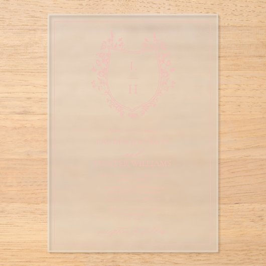 Classic Pink Wildflower Monogram Crest Weddenschap Acryl Uitnodigingen (Voorkant)