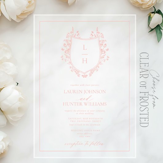 Classic Pink Wildflower Monogram Crest Weddenschap Acryl Uitnodigingen