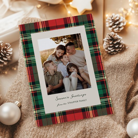 Classic Plaid Holiday Card with Back Photo Grid Feestdagenkaart