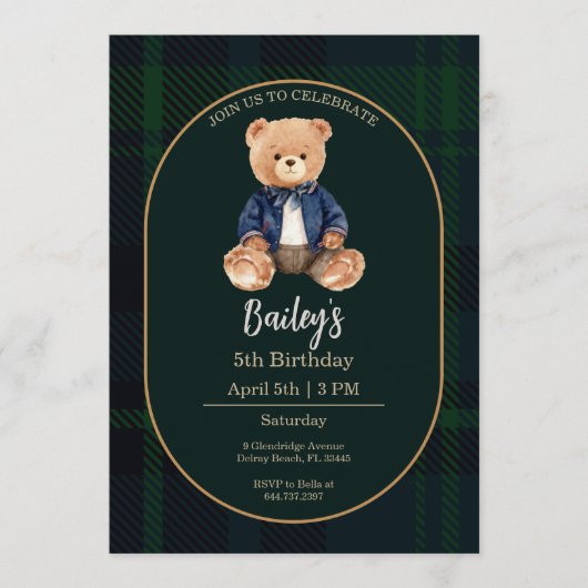 Classic Plaid Little Bear Birthday Invitation (Devant)