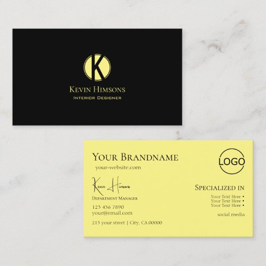 Classic Plain Black Yellow met monogram en Logo Visitekaartje (Voorkant / Achterkant)