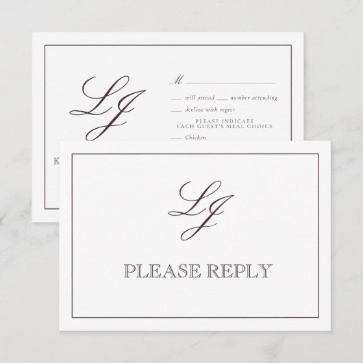 Classic Plum Paarse Calligraphy Monogram Weddensch RSVP Kaartje (Voorkant / Achterkant)