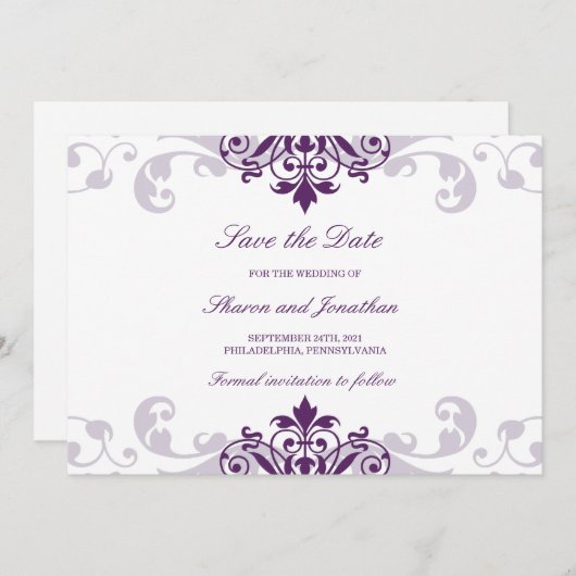 Classic Plum Paarse Elegante Ironworks Bruiloft Save The Date (Voorkant / Achterkant)