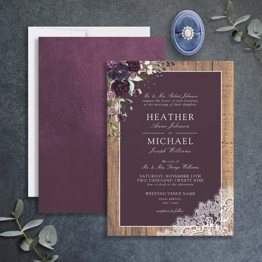 Classic Plum Paarse Rustic Wood Script Weddenschap Kaart