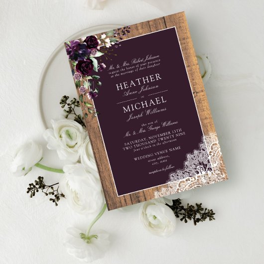 Classic Plum Paarse Rustic Wood Script Weddenschap Kaart