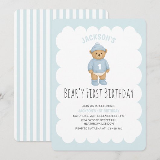 Classic Preppy Bear Blue Boy Birthday Kaart (Voorkant / Achterkant)