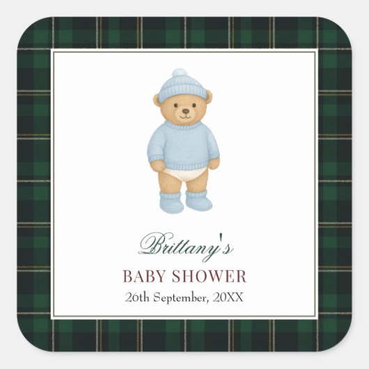 Classic Preppy Bear Designer Plaid Baby Shower Vierkante Sticker (Voorkant)