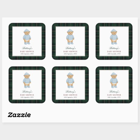 Classic Preppy Bear Designer Plaid Baby Shower Vierkante Sticker (Vel)
