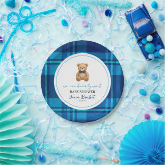 Classic Preppy Blue Plaid Teddy Bear Baby shower Papieren Bordje