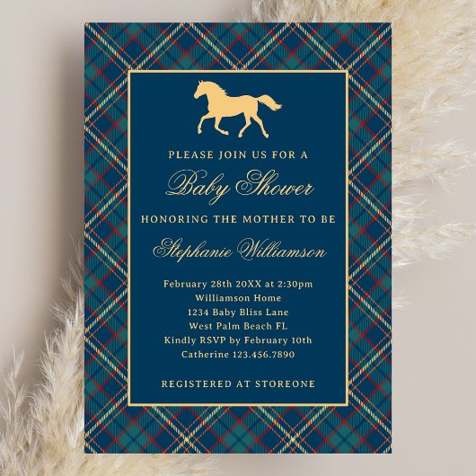 Classic Preppy Plaid Blue Equestrian Baby shower Kaart