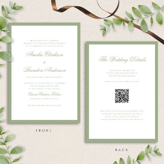 Classic Real Sage Green & White Wedding QR Code Kaart
