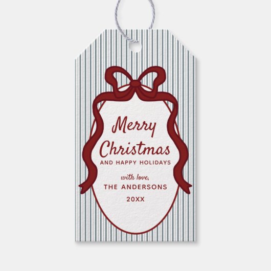 Classic Red Blue Stripes & Bow Frame Christmas  Cadeaulabel (Voorkant)