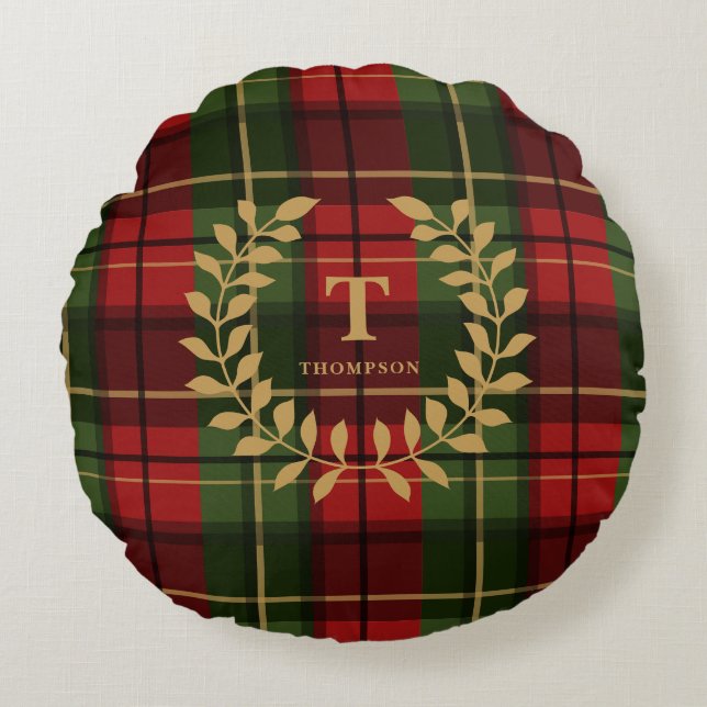 Classic Red Christmas Plaid With Monogram Wreath Rond Kussen (Voorkant)