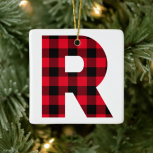 Classic Red en Black Buffalo Check R Monogram Keramisch Ornament