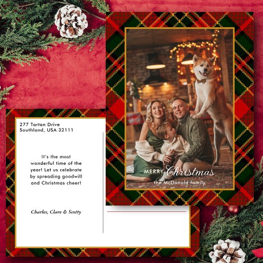 Classic Red, Green, Gold Christmas Plaid 1-Photo Feestdagenkaart