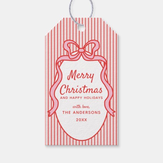 Classic Red Pink Stripes & Bow Frame Christmas  Cadeaulabel (Voorkant)