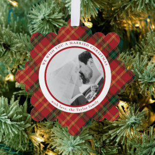 Classic Red Plaid Kerstfoto Ornament Kaart