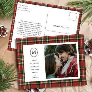 Classic Red Plaid Kerstnaam Monogram 1 Foto Feestdagenkaart
