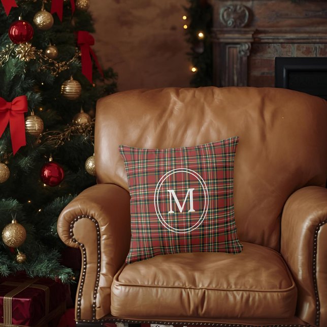 Classic Red Plaid Monogram Christmas Holiday Kussen (Creator heeft geüpload)