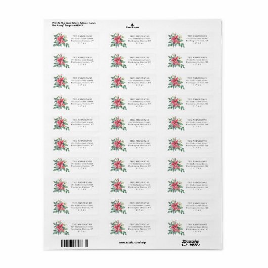Classic Red Poinsettia Flower Holiday-adres Etiket (Full Sheet)