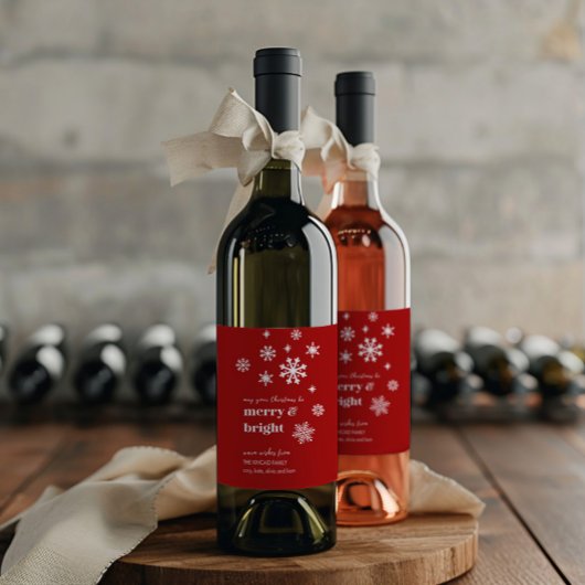 Classic Red & White Snowflake Holiday Wine Label Wijn Etiket
